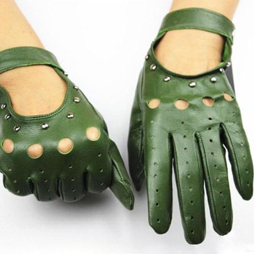 Leather gloves womens unlined thin section fashion hollow rivet style spring and summer riding driving sheepskin driver gloves