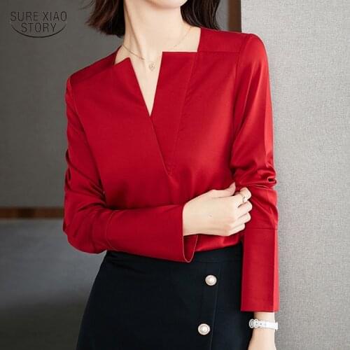 Red Superior Gentle Shirt Women Autumn Long Sleeve V-neck Elegant Women Blouse High Quality All-match Simple Chiffon Shirt 16375