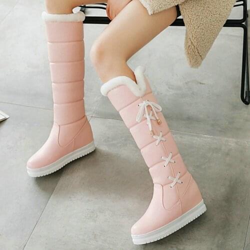 New Ladies Winter Sweet Warm Snow Boots Plush Lining Platform Increase Womens Shoes Cross Tied Knee High Boots Black Pink White