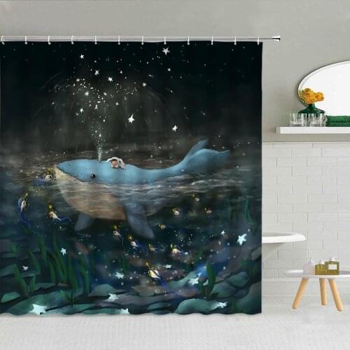 Cartoons Ocean Animals Shower Curtain Whale kid Night Sky Fantasy Sea Scenery Bathroom Decor Crocodile Map Waterproof Curtains
