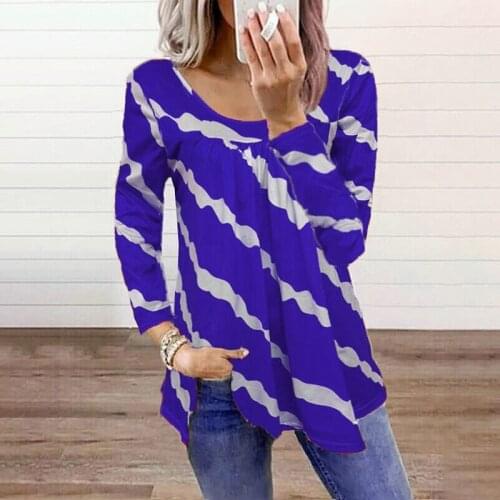 Women 2021 Autumn Blouse Fashion O Neck Oversized Clothes Print Pullover Striped Design Long Sleeve Casual Loose Irregular Tops