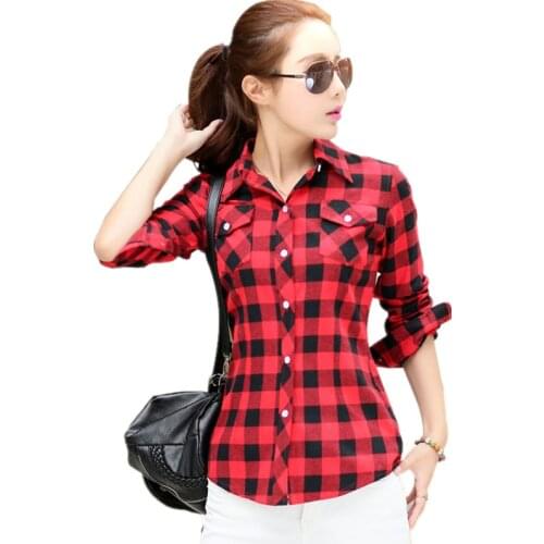 Red Plaid Shirt Women Autumn Long Sleeve Blue flannel Plaid Shirt Ladies Plus Size Cotton Checked Blouses Clothing Girls