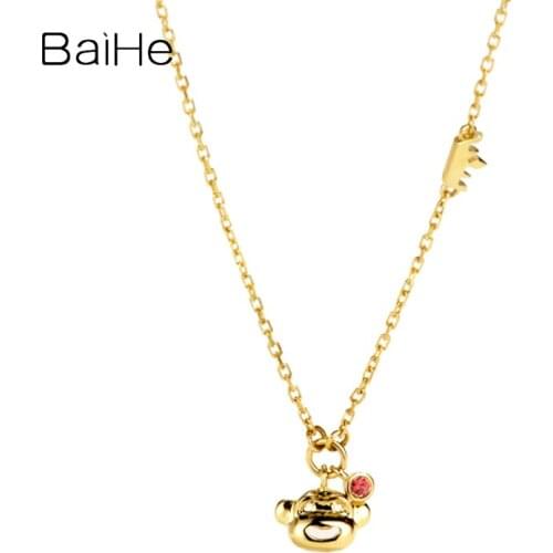 BAIHE Solid 18K Yellow Gold 0.02ct Ruby Anniversary Trendy Fine Jewelry Elegant unique Exquisite monkey Pendant Necklaces Women