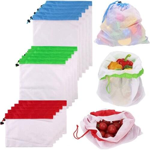 15pcs Reusable Mesh Produce Bags for Grocery Storage Fruit Vegetable Toys Sundries Organizer Bag Home Kitchen Drawstring Pouch