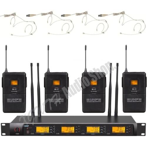 UHF 4x100 Channel Digital Wireless Microphone Mic System 4 Body-pack Transmitter with 4 Beige Headset Mic or 4 Handheld Mics
