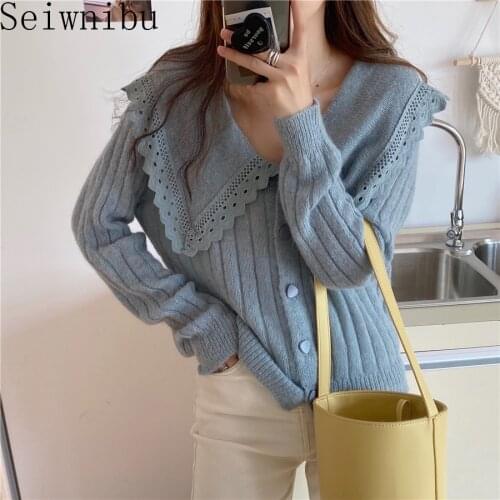 Hollow Out Lapel Knitwear Cardigan 2020 New Autumn Winter Single-breasted Knitted Sweater Coat Solid Loose Tops