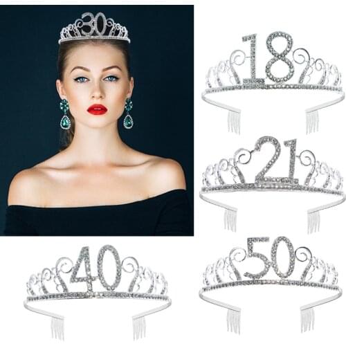 18 21 30 40 50st Women Birthday Crown Caps Rhinestone Princess Adult Birthday Party Prom Diadem Hair Accessories