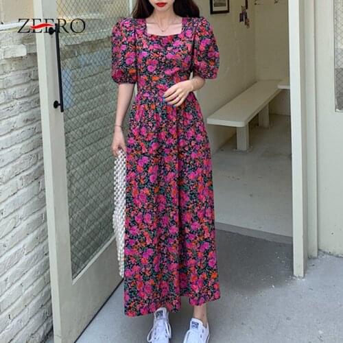 Summer Women Floral Printed Puff Sleeve Square Neck Maxi Dresses Elegant Female Korean Vintage Casual Long Party Dress Vestidos