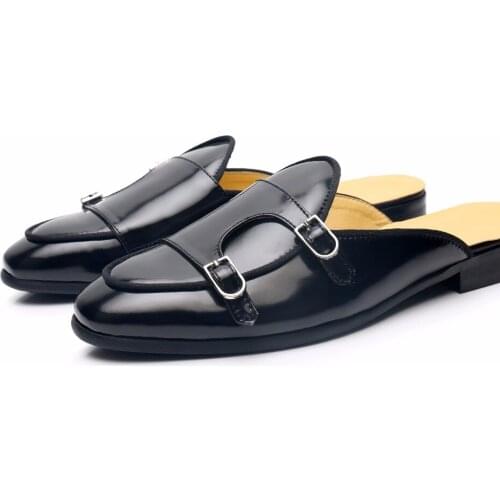 New Slippers for men Buckle Genuine leather Flat Leisure Loafers Mens Half Slipper