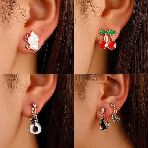 Cute Cartoon Cat Moon Flower Enamel Earrings For Women Girls Funny Animal Geometric Crystal Clip Ear Jewelry Party Gifts