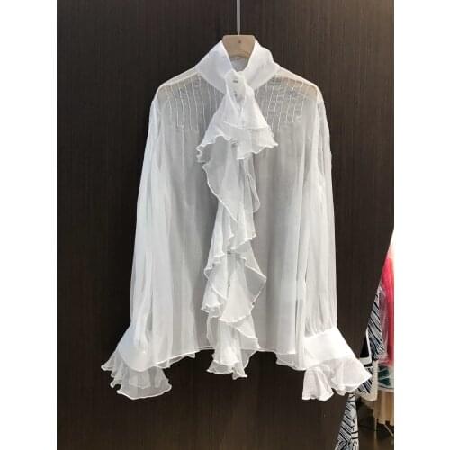 Fashion 2021 New Ladies Long Sexy Casual Silk Lace Flare Sleeve Shirt 1014