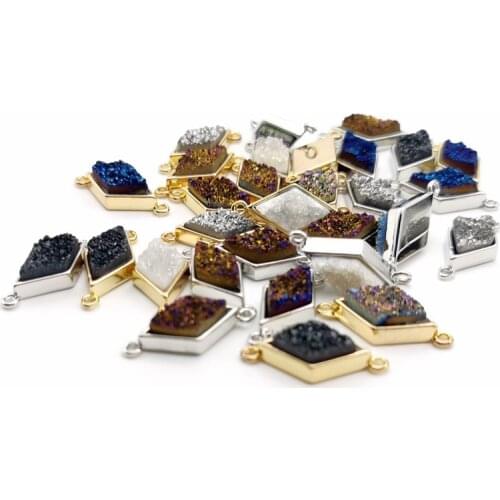 Natural Stone slice quadrilateral 9X18MM Agat Pendants Double hole connector for Jewelry Making DIY Necklaces Accessorie 1pcs