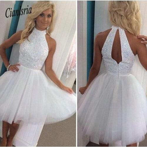 Luxury White Beaded Short Keyhole Back Prom Dresses A Line High Neck Plus Size Homecoming Party Dresses Vestido De Festa