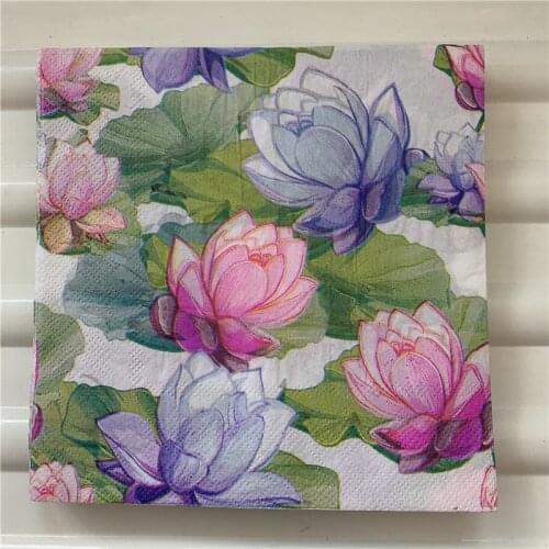 20 vintage table napkin paper tissue decoupage green pink Lotus flower birthday wedding party home decor serviettes handkerchief