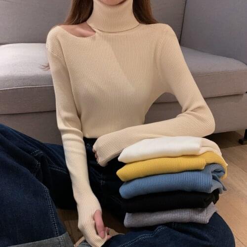 Sexy Off Shoulder Pullovers Turtleneck Autumn Winter Basic Women Sweaters Slim Fit Tops 2021 Knitted Women high neck Sweater