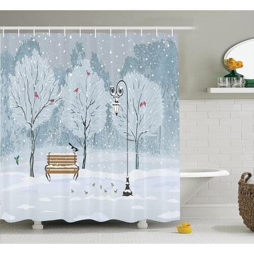 Farm House Shower Curtain Snow Falling in The Park On A Cold Winter Day Birds Lanterns Chirstmas Season Bathroom Decor Curtains
