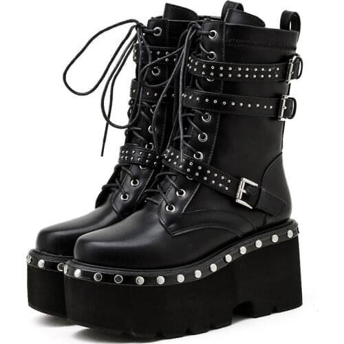 2021 Spring Autumn Lace-Up Motorcycle Boots for Women Round Toe Thick Platform High Heels Female Ankle Boots Gothic Style Shoes