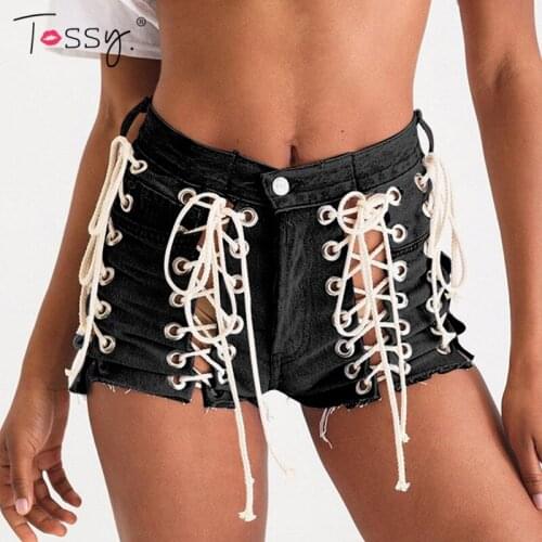 Tossy Women High waist Denim Shorts Bandage Tassel Summer Fashion Short Jeans Female Streetwear Skinny Slim Bodycon Bottom