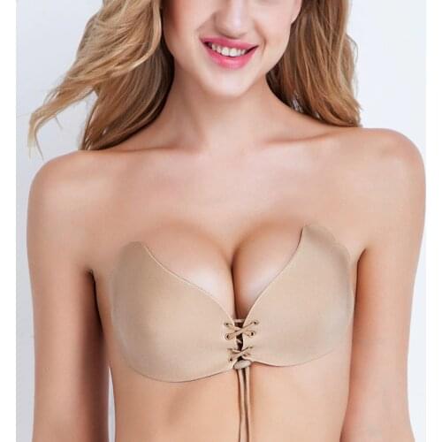FallSweet Fly Bra Strapless Silicone Push Up Invisible Bras for Women A B C / D Cup Adhesive Brassiere Black Beige