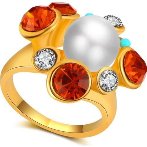 The Latest White Round Pearls Nice Small Rhinestones 18 K Gold Wholesale Ring Beautiful Shiny Party Jewelry