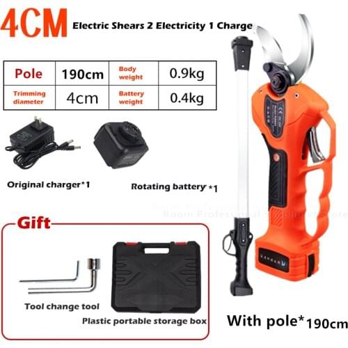 Cordless Electric Pruning Shears 40mm Max Cutting Garden Pruner Secateur Branch Cutter 2 Lithium-ion Battery with Extension Pole