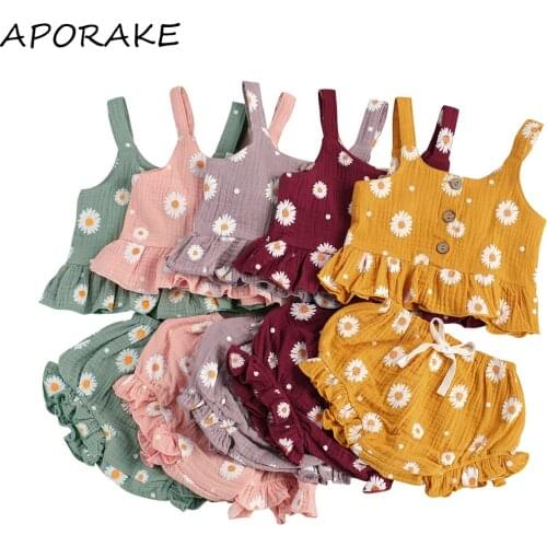 2021 0-5Y Summer Kids Baby Girl Clothing Daisy Sleeveless Ruffle Crop Top+e Shorts Soft Cotton Linen 2pcs Cute Baby Set