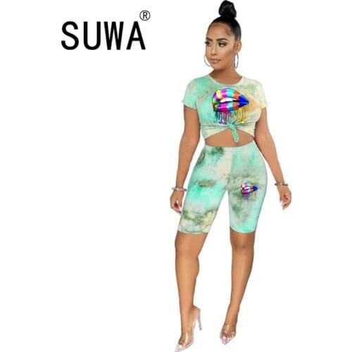 2020 hot sale Tie-dye cute cartoon round neck short sleeve print top and hot shorts 2 pieces set casual lady fashion outfits