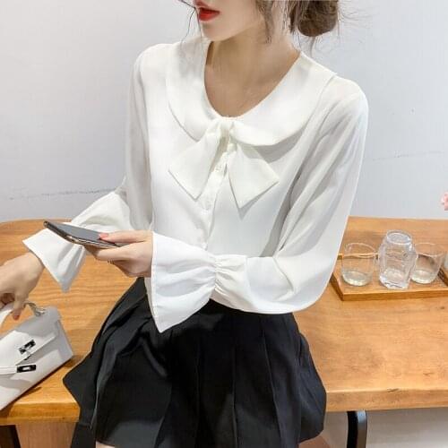Sweet age-reducing doll collar long-sleeved shirt female autumn 2021 new Korean loose puff sleeve chiffon blouse