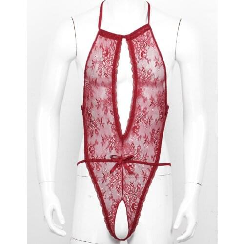 Mens Exotic Lace Crotchless Sissy Floral Lingerie Nightwear Babydolls Backless Crotchless Bodysuit Sleepwear for Evening Parties