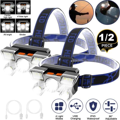 Outdoor Headlight 5LED Strong Power Headlamp USB Rechargeable Camping Fishing Flashlight Torch Lantern Built-in Battery 200-500M