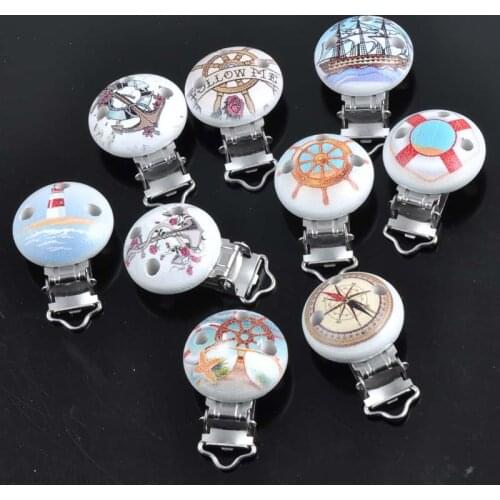New 5pcs/lot Wood Pacifier Clip Round At Random Navigation Pattern 29x46mm Free Shipping MT0942
