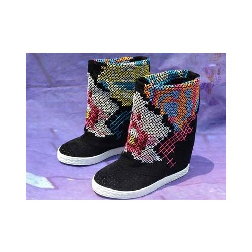 New Brand Women Round Toe White/Black/Nude/Blue Colorful Cross Stitch 8 cm Height Increasing Wedge Heels Mid-calf Short Boots