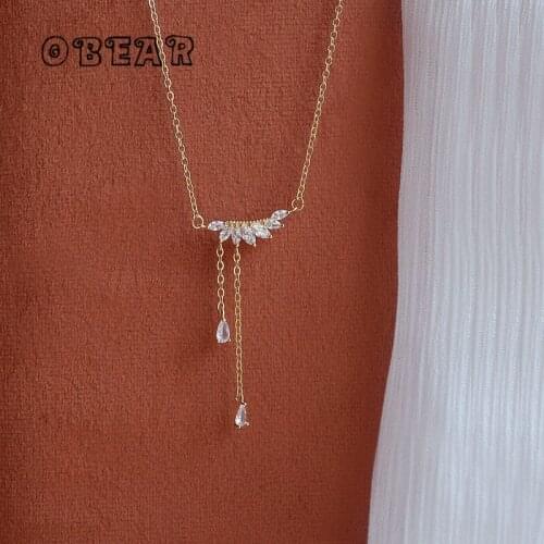 OBEAR 14k Real Gold Plating Korean Crystal Wings Drop Pendant Necklace Women Fashion Temperament Wedding Jewelry