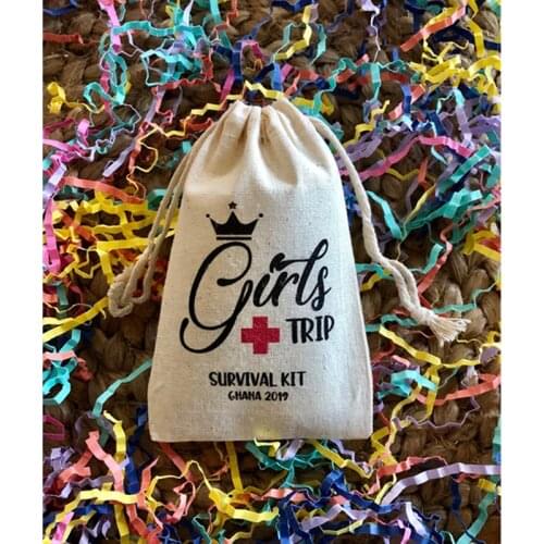 Girls Trip Survival Kit Bag personalised bachelorette bags wedding muslin drawstring hangovers bags treat bag thank you gift bag