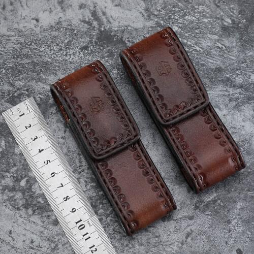 Petrified Fish EDC Brown Real Cow Leather Belt Folding Knife Leather Sheath Outdoor Camping Hiking Fishing Gadget Storage Bag