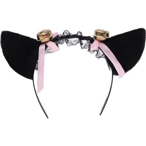 Kawaii Plush Cat Ears Lace Headband Maid Lolita Cosplay Party Bow Bell Hair Hoop F3MD