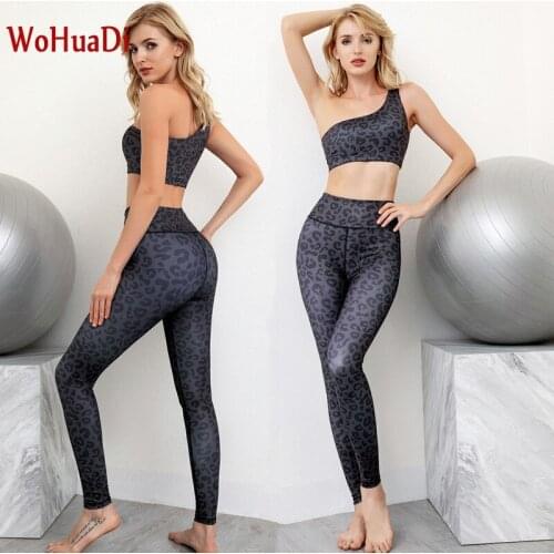 WOHUADI Sexy Black Leopard Yoga Set Women Clothes Suit Sportswear Gym Fitness One shoulder Sport Bra Outdoor High Waist Leggings