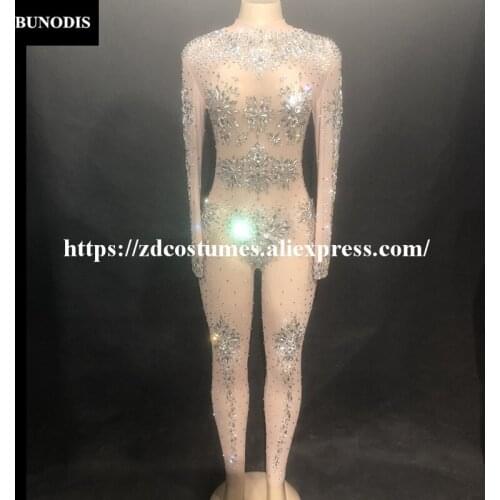 ZD284 Women Sexy Net Yarn Jumpsuit Full Of Big Glass Sparkling Crystals Bodysuit Nightclub Birthday Party Fashion Singer Costume