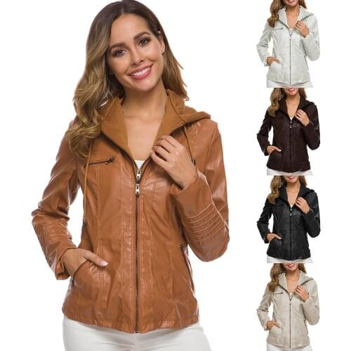 Women PU Jacket Autumn Winter Removable Hooded Faux Leather Jackets Casual Warm Zipper Pocket Outwear Basic Coats Plus Size 7XL