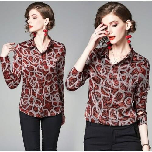 Wholesale Spring Summer Fall Runway Vintage Print Collar Long Sleeve Turn-Down Neck Womens Party Casual OL Top Shirt Blouse