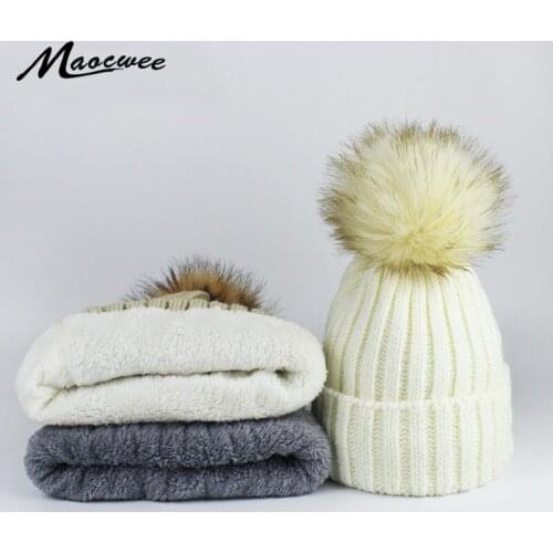 Women Winter Dyeing Faux Fur Pompom Beanie Hat Cap Add Plus Velvet Skullies Caps Girl Warm Faux Fur Pom Poms Ski Hats Pompon Cap
