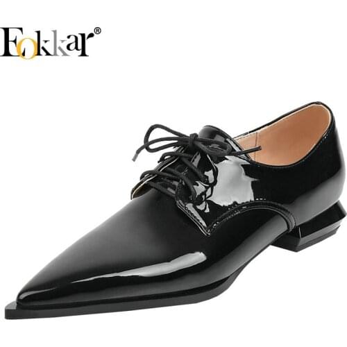 Eokkar 2019 Women Pointed Toe Patent Leather Pumps Low Heel Casual Ladies Lace Up Pumps Shoes for Women Elegant Pumps Size 34-43