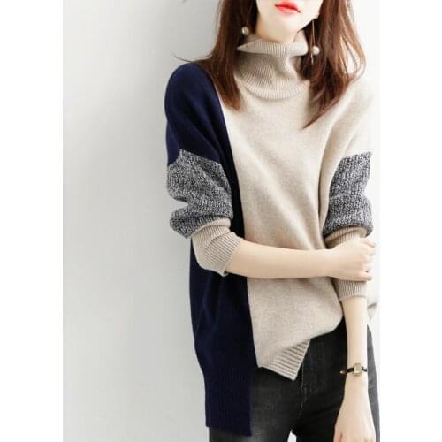 Womens Sweaters Autumn Winter 2021 High Collar Color Matching Thickened Knitted Sweater Loose Long Sleeve Pullover Women