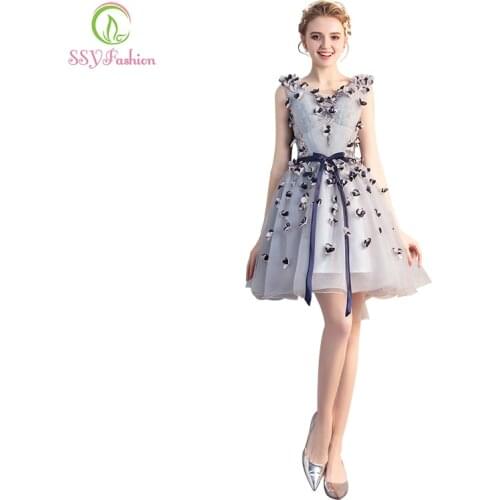 SSYFashion New Short Cocktail Dresses Sweet Grey Lace Flower V-neck Mini Appliques Party Gown Custom Formal Dress Robe De Soiree