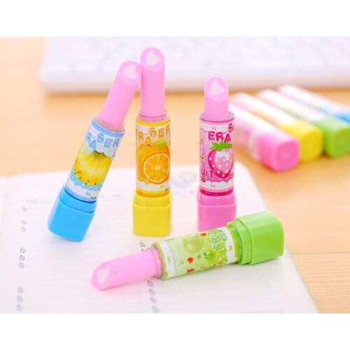 24pcs Children Cartoon Lipstick Love Heart Shape Twistable Eraser Fruit Taste Home School Homework Essential Stationery Gift