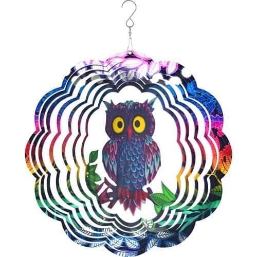 3D Dynamic Owl Wind Chime Yard Art Window Hanging Metal Wind Spinner Owl Kinetic Patio Spinner Garden Decoration