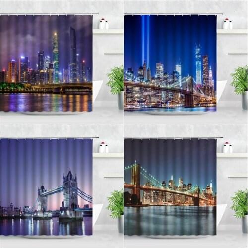 3D New York Brooklyn Bridge Night View Shower Curtains London City Natural Scenery Modern Home Decor Hooks Bathroom Curtain Set