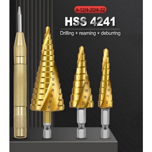 4pcs HSS Titanium Cobalt Step Dril 4-12/20/32mm Hot Sale Hex Shank Metal Drill Bit Center Punch Metal Plastic Woodworking Tool