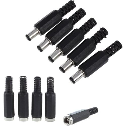 5 Pcs Black 2.1mm x 5.5mm DC Power Male Plug Jack Adapter & 5 Pcs 2.1mm x 5.5mm Female DC Power Socket Jack Connector Adapter