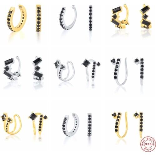 Aide 925 Sterling Silver Black Cubic Zirconia Jeweled Ear Cuff For Women Double Layer Diamond Arc Line Clip Earring Fine Jewelry